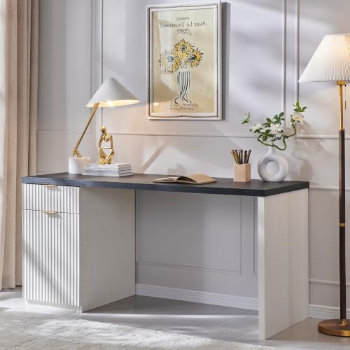 60" Fluted Home Office Desk, Reversible Left‑Right Cabinet, Built‑in Outlet