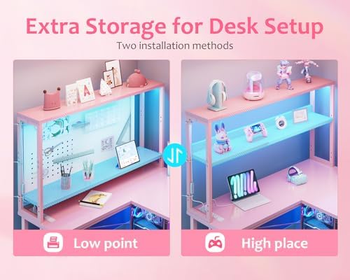 ODK 53" L Shaped Gaming Desk with Shelves, LED & Outlets, Pink