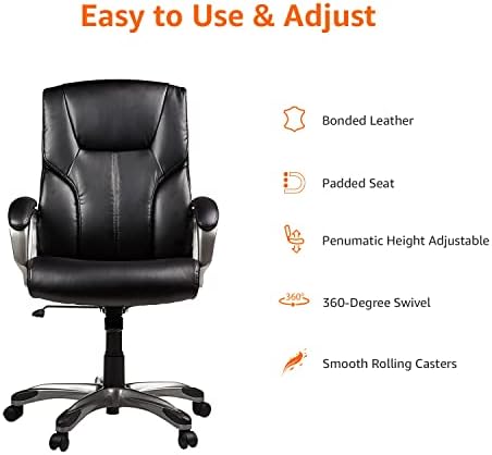Amazon Basics Executive High Back Office Chair, Adjustable Height, Tilt, Swivel, Padded Seat, Bonded Leather, Wheels, Black/Silver