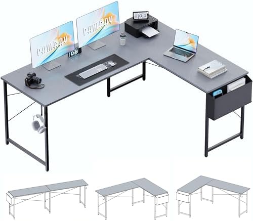 Pamray 64.5 Inch Reversible L Shaped Gaming Desk Large Corner Computer Desk with Storage Bag Home Office Table for Writing Study Grey