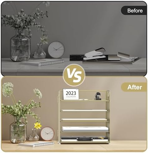 Supeasy 5 Trays Paper Organizer Letter Tray with Handle-Mesh Desk File Organizer,Pink Paper Sorter Desk Organizer for Office, Home or School (Gold Yellow)