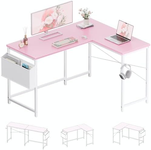 Pamray 47 Inch Reversible L Shaped Gaming Desk Corner Computer Desk with Storage Bag Home Office Table for Writing Study Pink