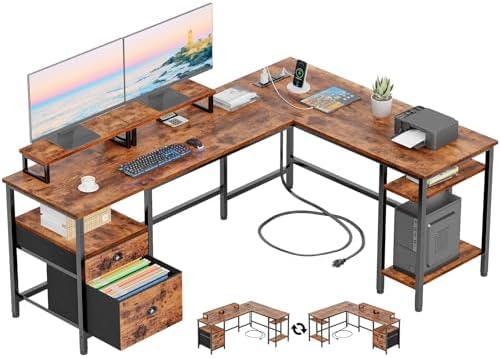 Furologee 66” L Shaped Desk with Power Outlet, Reversible Home Office Desk with File Drawer, 2 Monitor Stands, Storage Shelves, Corner Computer Table for Gaming, Writing, Rustic Brown