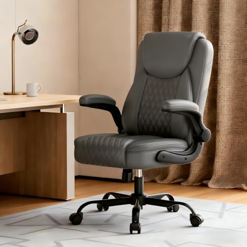 GTPLAYER PU Leather Office Chair, Home Desk Chair with Flip-up Arms, Gray