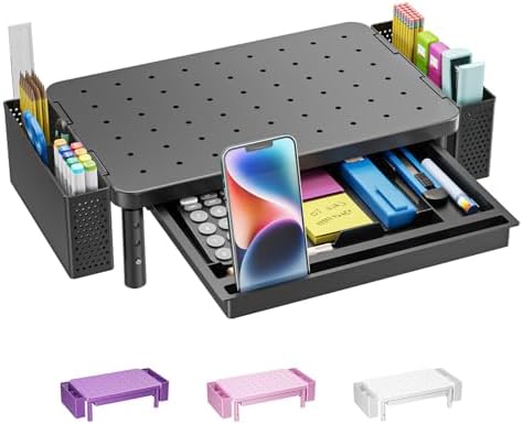 WALI Desk Organizer with Drawer and Pen Holder, 2 Tier Computer Monitor Stand for Home Office Supplies, 3 Height Adjustable Laptop Stand Riser for Computer, Laptop, Printer(PTT003-B), 1 Pack, Black