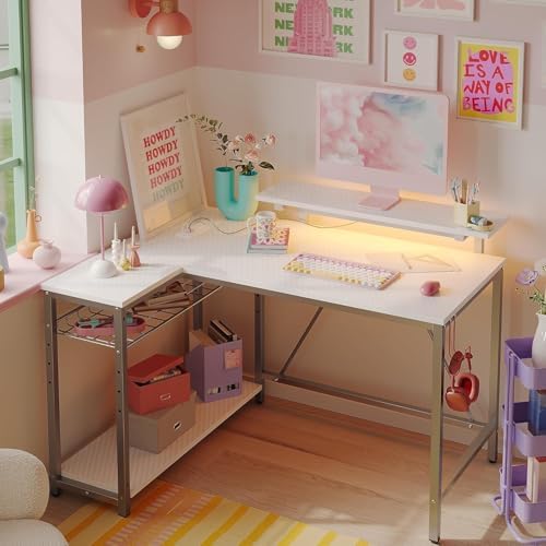 Bestier 42-Inch L-Shaped Computer Desk with Charging & LED, White