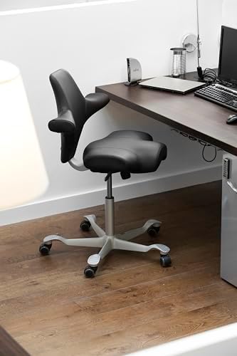 HAG Capisco Adjustable Sit to Stand Desk Chair - Black Frame - Leather Tan Brown Seat