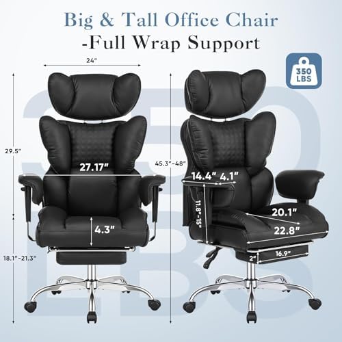 Big and Tall Office Chair 350 LBS, Scratch-Resistant PU Leather Executive Office Desk Chair with Footrest, Ergonomic Reclining Computer Chair with Pocket Spring Support for Home Office, Black