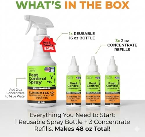Pest Control Kit Indoor and Outdoor - Natural Ant Spray Starter Kit, 3 Concentrate Vials + Sprayer Makes 48 Oz | Nature's Dome Plant-Based Roach, Spider, Fly, Flea & Tick Killer Spray for Home