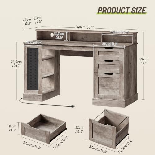 55-Inch Farmhouse Executive Desk with 2 Drawers and File Cabinet, Computer Desk with 3-Tier Storage Shelves, Home Office Desk with Charging Station, Pegboard and Monitor Shelf, Gray