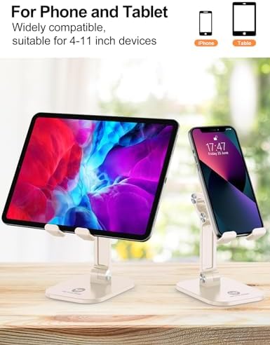 OCYCLONE Phone Stand, Adjustable Height and Angle Foldable Cell Phone Stand Holder for Desk, Taller iPhone Stand Compatible with 4.7"-13" Smartphones iPad Tablet, Beige
