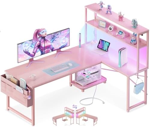 ODK 53" L Shaped Gaming Desk with Shelves, LED & Outlets, Pink