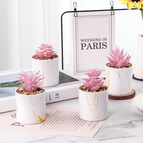 Der Rose 4 Pack Pink Fake Plants in Gold Accent Pots for Office Desk Decor