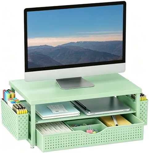 gianotter Desk Organizers and Accessories, Monitor Stand with Drawer and 2 Pen Holder, Desktop Organizer Suitable for Offices and Dormitories (Sage Green)