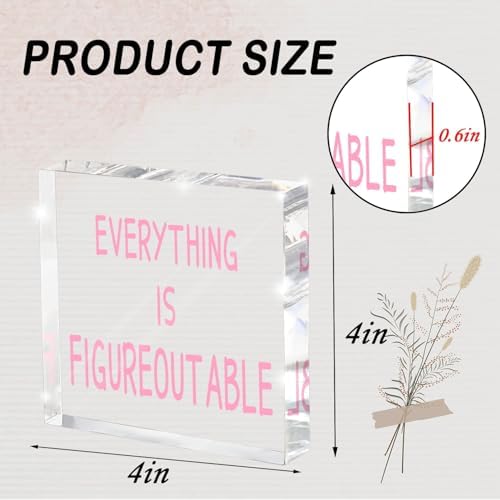 Pink Office Decoration - Motivational Gifts For Women - Everything Is Figureoutable - Desk Accessories Acrylic Square Sign - Suitable For Colleagues, Friends And Relatives 4x4 Inches