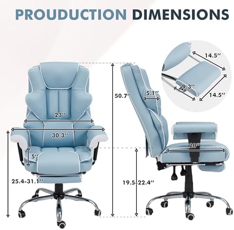 HOMREST 6-Point Massage Executive Chair,Heat Office Chair,Ergonomic Home Office Desk Chairs with Retractable Footrest and Reclining Function,Leather Computer Chair with Adjustable Armrest(‌Airy Blue)