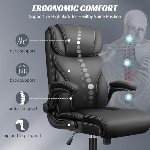 HeroSet Office Chair, Ergonomic Big and Tall Computer Desk Chairs, Executive Breathable Leather Chair with Adjustable Flip-up Armrests, Lumbar Support Swivel PC Chair with Rocking Function,Matte Black
