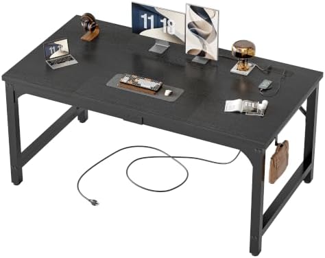 TIQLAB 55 x 30 Inch Extra-Deep Computer Desk with Power Outlets, Heavy-Duty Office Desk, Wide Gaming & Work Desk for Home Office, Black