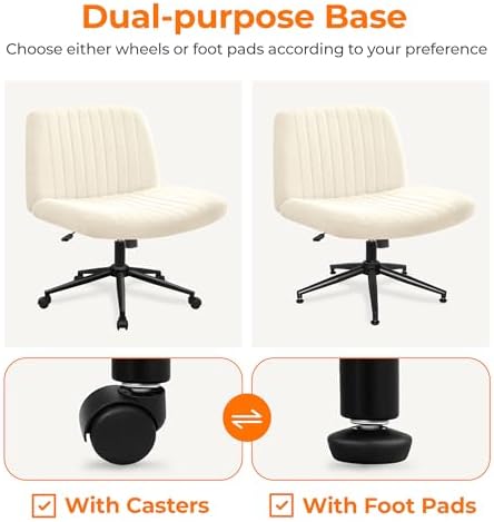 NEO CHAIR Criss Cross Chair with Wheels Armless Cross Legged Office Desk Wide Comfy Vanity Makeup Chair Adjustable Swivel Rolling Computer for Home Office Fabric (Beige)