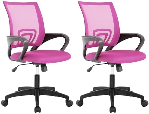 BestOffice | Ergonomic Office Chair | Mid-Back Swivel Desk Chair | Breathable Backrest & Lumbar Support | Adjustable Height | Sponge Seat | Rolling Wheels | Pink | for Adults & Women | Pack of 2