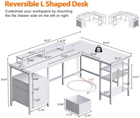 Furologee White 59” L Shaped Desk with Power Outlet, Reversible Computer Desk with File Drawer & 2 Monitor Stands, Corner Home Office Table with Storage Shelves for Gaming Writing