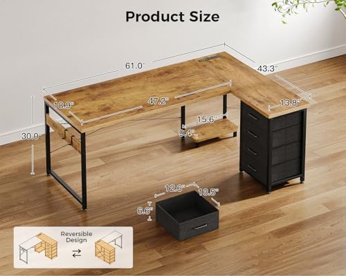 AODK 61" L Shaped Gaming Desk with 4 Drawers and Power Outlets, Vintage