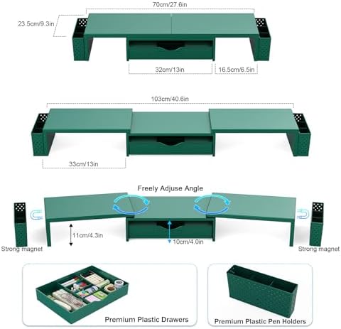 Spacrea Metal Desk Organizers and Accessories, Dual Monitor Stand Riser with Drawer and 2 Pen Holders, Desk Accessories & Workspace Desktop Organizers for Office Supplies (Dark Gree)