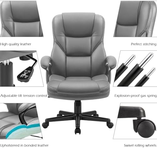 Furmax Office Executive Chair High Back Adjustable Managerial Home Desk Chair, Swivel Computer PU Leather Chair with Lumbar Support (1, Gray)