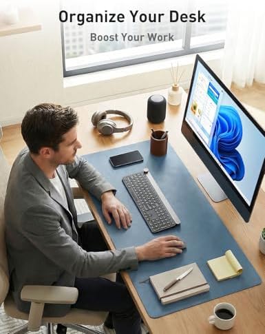 Aothia Faux Leather Desk Mat - Non-Slip PU Leather Desk Blotter, Waterproof Writing Surface, Large Desk Pad for Office & Home (Denim Blue, 55" x 24")