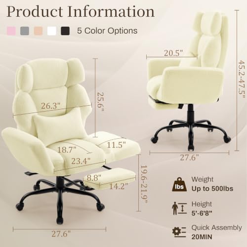 Office Chair with Flip Armrests,Big and Tall Office Chair with Foot Rest,Extra Wide Seat & Lumbar Pillow,Ergonomic Computer Gaming Chair,Comfy Criss Cross Chair for Pets Sitting,Teddy Fleece,Yellow