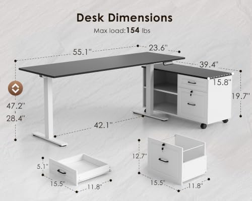 OffiGo 55" L Shaped Electric Standing Desk with Cabinet Sets, Black/White
