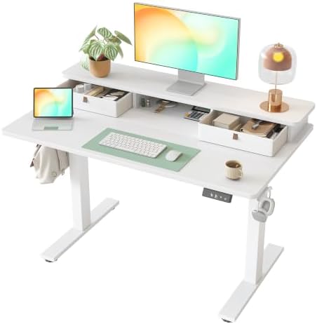 TIQLAB 40 * 24 inch Standing Desk with Two Drawers&Top Shelf, White