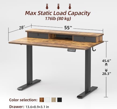 TIQLAB 55 * 28 inch Standing Desk with Two Drawers&Top Shelf, Rustic Brown