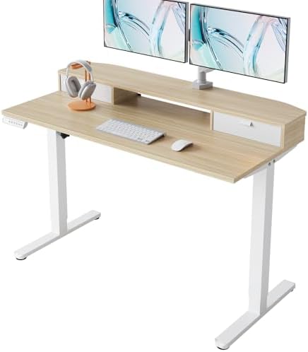 HUANUO 47.2" X 23.6" Electric Standing Desk with 2 Drawers, C-Clamp Mount Compatible, Height Adjustable Computer Desk, Home Office Stand Up Desk with 4 Preset Heights & 2 Hooks, Light Walnut