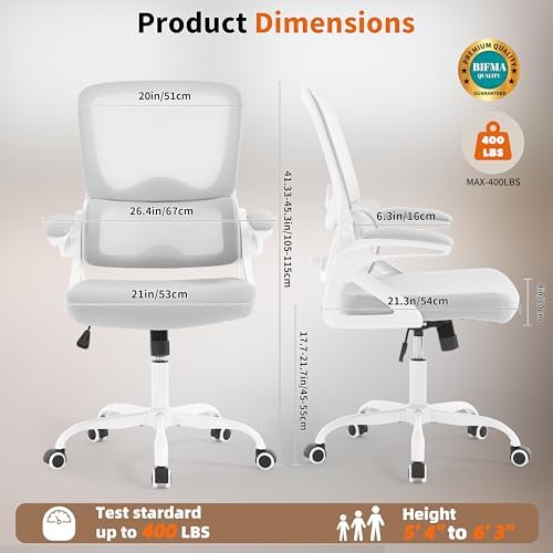 Ergonomic Office Chair,Mesh Office Chair with Lumbar Support,Mid Back Desk Chair with Flip-up Arms,400 lbs Comfy Computer Chair for Home Office (Off-White Gray)