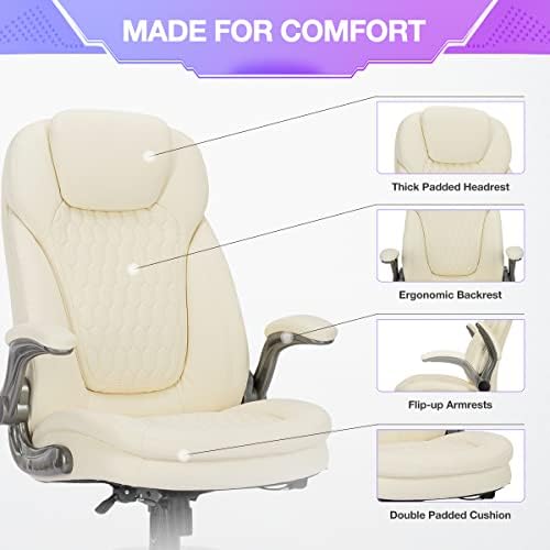 COLAMY Ivory Leather High Back Executive Office Chair Set of 2, Ergonomic Desk Chair with Flip-up Arms, Thick Cushion, Silent Nylon Wheels, Adjustable Height & Rocking Function, 300lbs Capacity