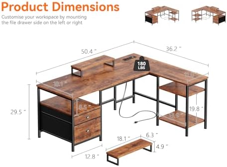 Furologee 50 Inch L Shaped Computer Desk with Power Outlet, Rustic Brown