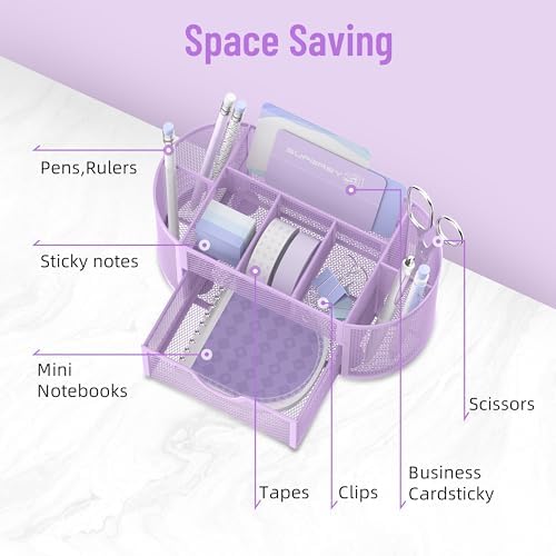 Mesh Desk Organizer with Drawer, 9-Compartment Pen Holder for Desk, Purple