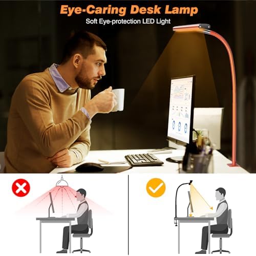 Airlonv LED Desk Lamp with Clamp, 17" Stepless Dimming Light, Orange