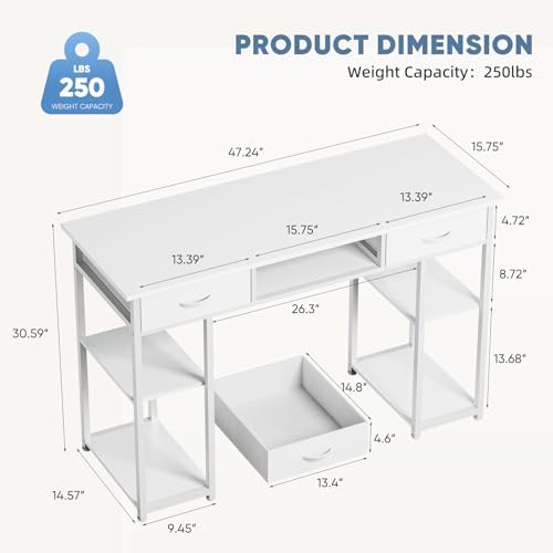 DUMOS 48-Inch Computer Desk with Drawers and Hook, White