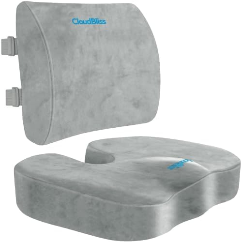 CloudBliss Ergonomic Seat Cushion & Lumbar Support Pillow Set, Light Grey