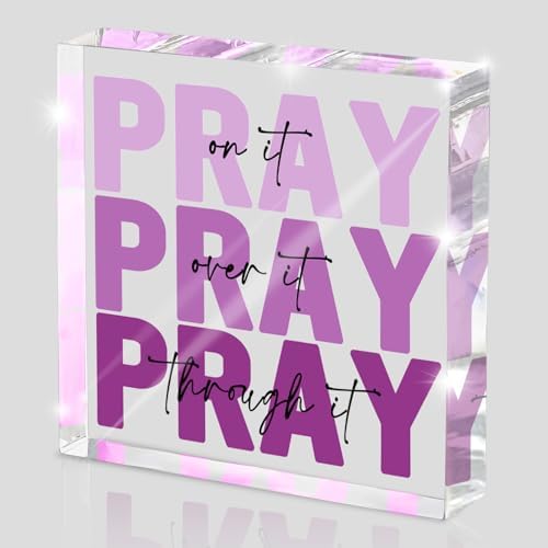Purple Christian Gifts for Women -Religious Plaques Christian Woman Decor Gift, Modern Home Office Room Bathroom Bedroom Tabletop Shelf Desk Valentines Day Decor, Pray on it Pray through it, Baptism Gifts