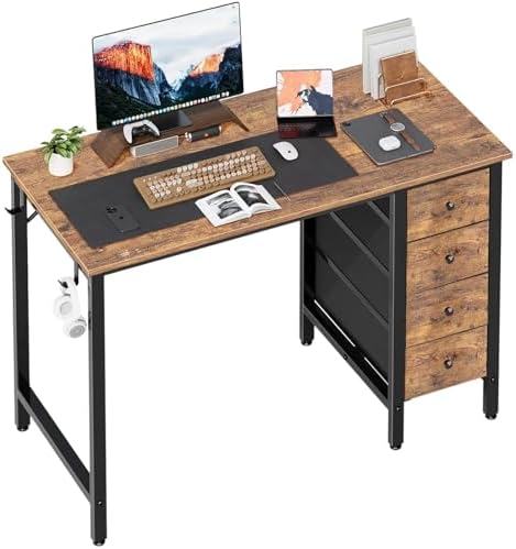 Lufeiya 47 inch Computer Desk with 4 Drawers, Reversible Writing Work Study Desk for Home Office Bedroom, Modern Simple Student PC Desks, Rustic Brown