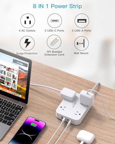 Surge Protector Power Strip, 5Ft Extension Cord with 4 USB Ports(2 USB C)
