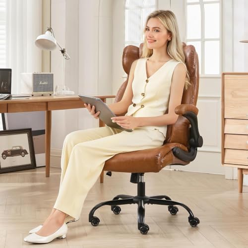 500lbs Big and Tall Office Chair Adjustable Lumbar Support for Back Pain, Extra Wide Seat Executive Office Chair Thick Armrest Pad, Heavy Duty Base&Upgraded Wheels, Ergonomic Desk Chair (Brown)