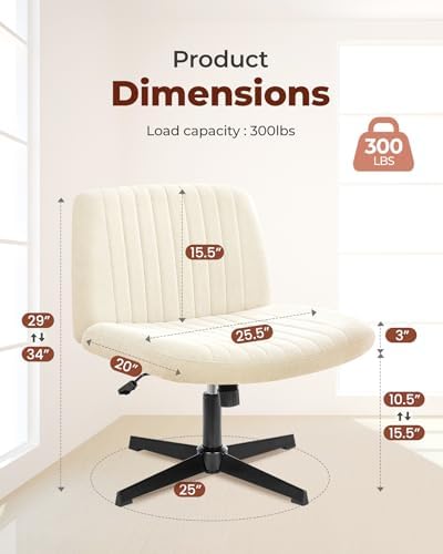 NEO Chair Criss Cross Chair No Wheels, Armless Cross Legged Office Desk Chair, Vanity Makeup Fabric Computer Comfy Adjustable Swivel Ergonomic Living Bedroom for Home Office (Fabric Beige)