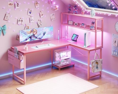 ODK 53" L Shaped Gaming Desk with Shelves, LED & Outlets, Pink