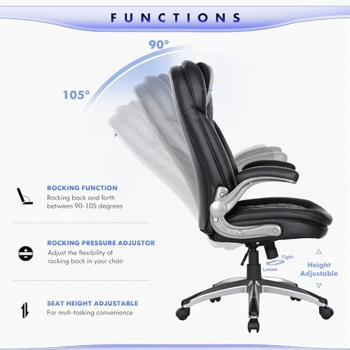 COLAMY Executive Office Chair-Ergonomic Computer Desk Chair, High Back Leather Chair with Padded Flip-up Arms, Swivel Home Office Chair, Black