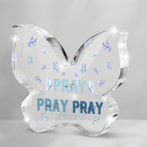 Blue Religious Plaques Christian Woman Decor Gifts, Blue Christian Gifts for Women, Modern Home Office Room Bathroom Bedroom Desk Accessory -Pray On It Pray Over It -Bible Verse Sign(Butterfly)