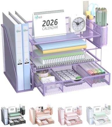 WALI Desk File Organizer, 4 Tier Desktop Paper Letter Tray Organizer with Drawer and 2 Pen Holders, Office Desk Accessories & Workspace Organizers for Office, Home Supplies(DO005DH-V), 1 Pack, Purple